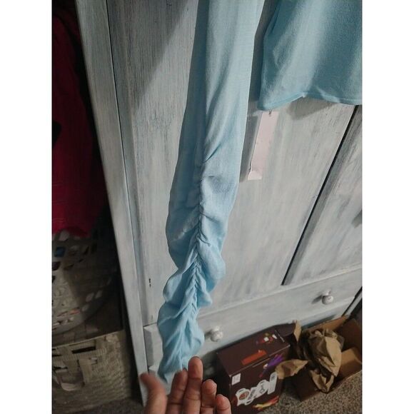 For Love And Lemons Turtleneck Ruched Sleeve Blouse Nwt Xl Sky Blue Semi-sheer - Picture 3 of 12